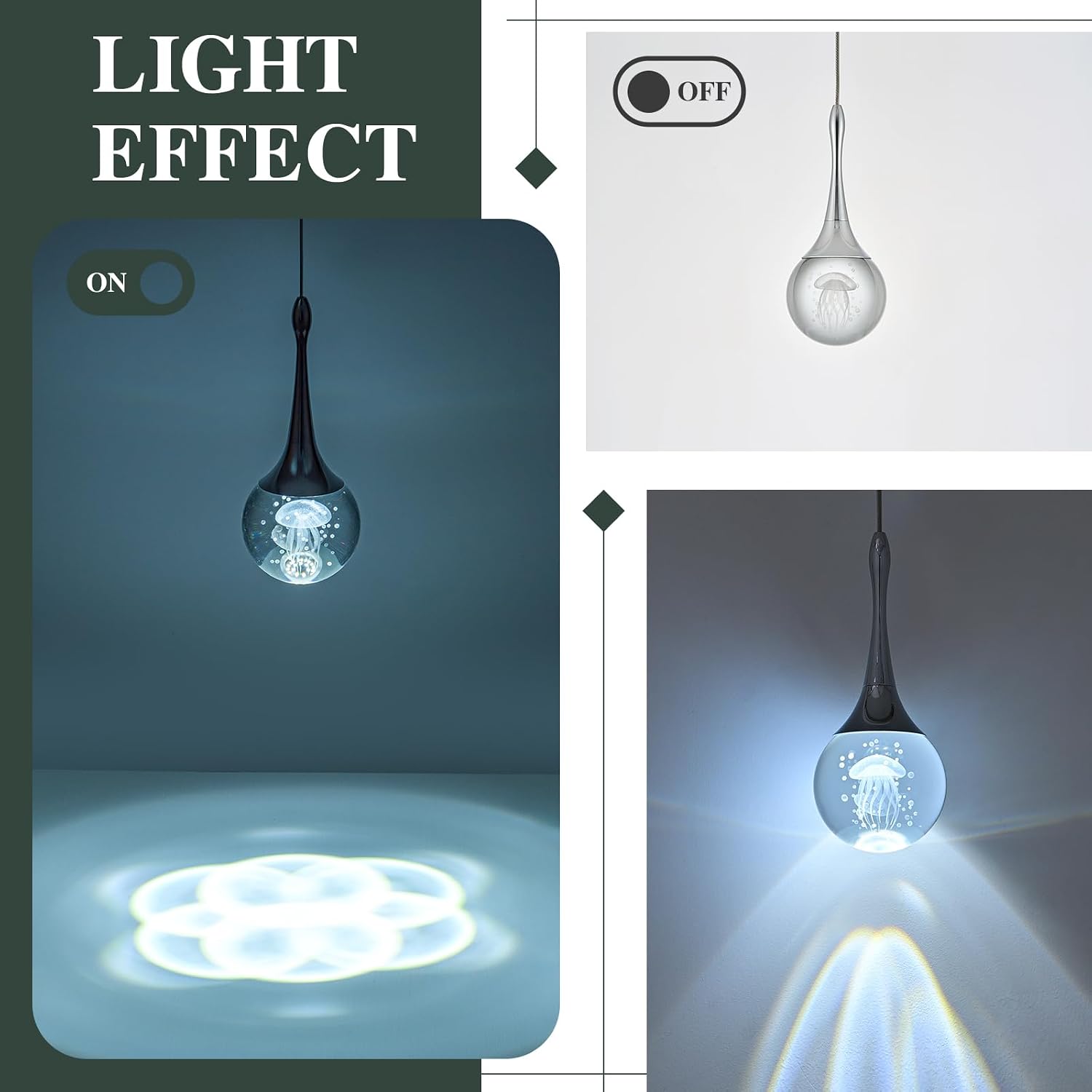 LED Pendant Light Kitchen Island Jellyfish Crystal Pendant Lights Dimmable Chrome Modern Hanging Light for Bedroom Bathroom Living Room 6000K Cool White, 3 Pack