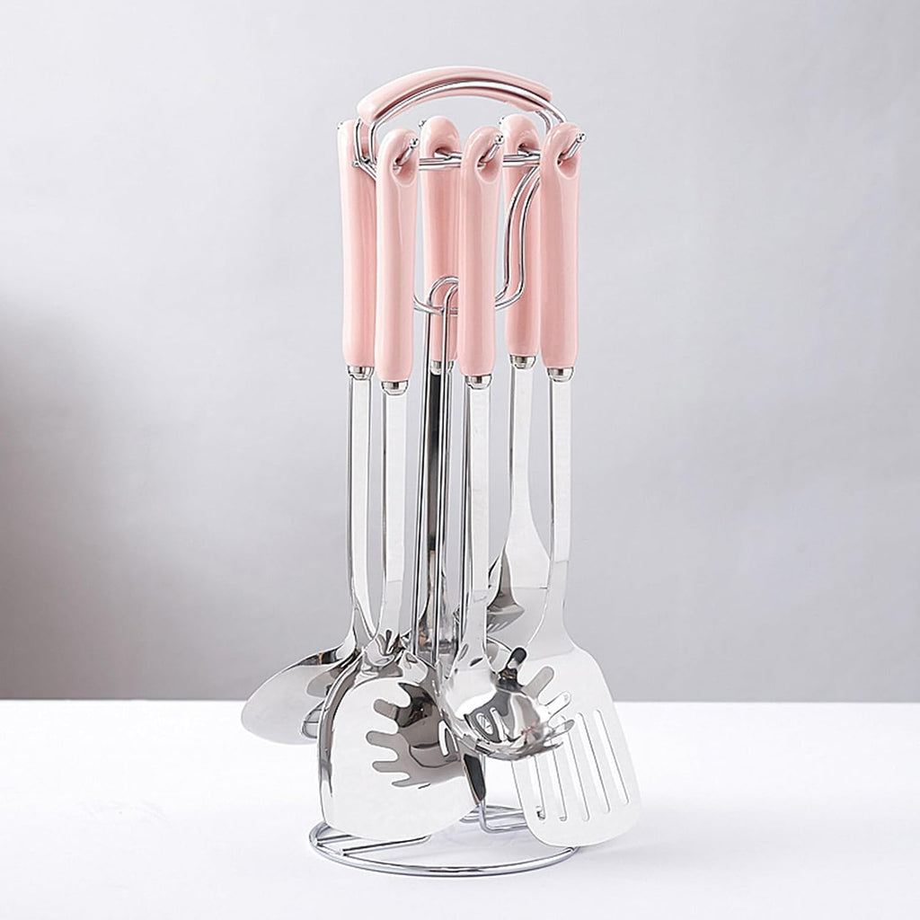 7 Pieces Metal Kitchen Utensils Set Kitchenware Cookware Set Mirror Polished 304 Stainless Steel Kitchen Cooking Utensils Set with Holder Heat Resistant Ceram,Pink