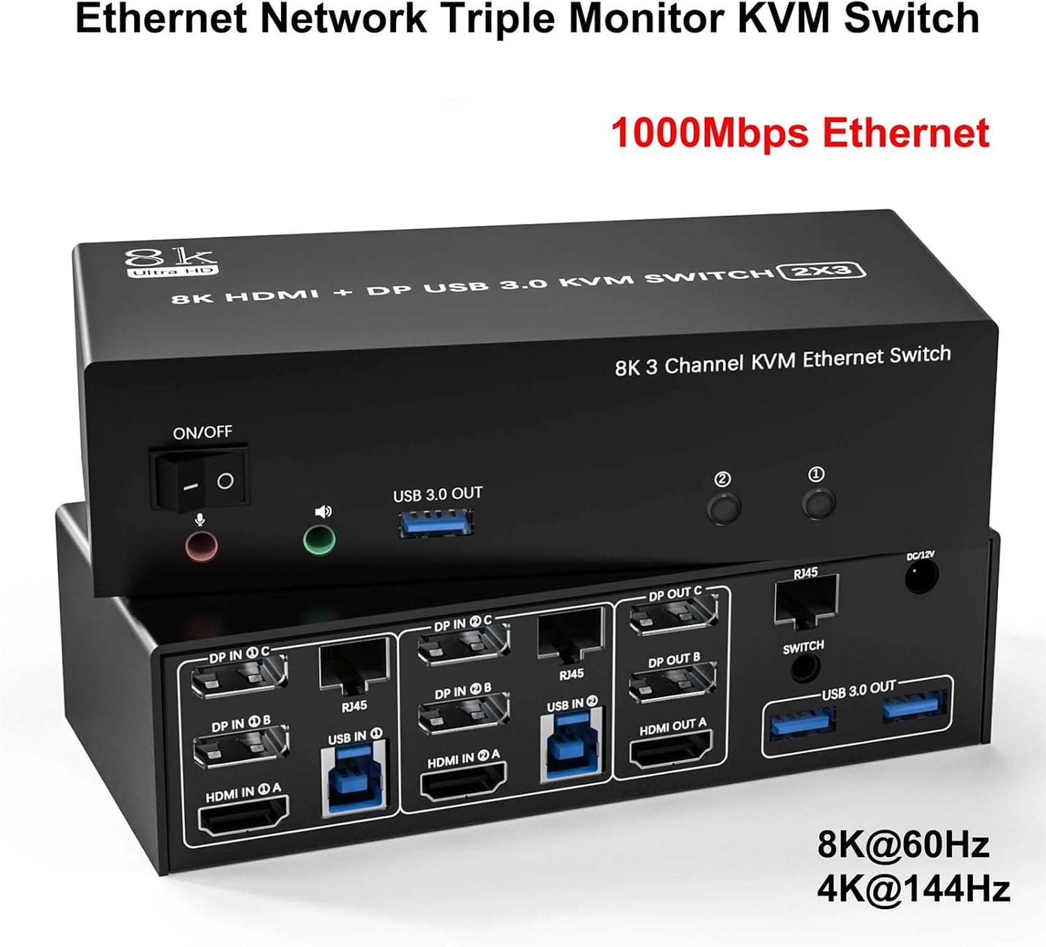 8K 60Hz KVM Switch 3 Monitors 2 Computers Share 1000Mbps Ethernet, Displayport + HDMI USB3.0KVM Switch Triple Monitor with Audio(with EU Plug)