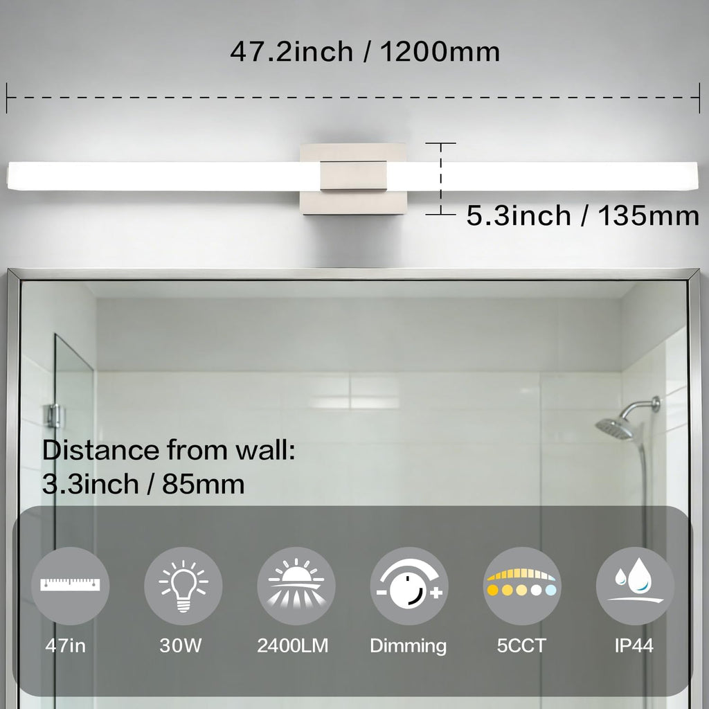 Brushed Nickel Bathroom Vanity Light - 48 Inch Extra Long Modern LED Vanity Light Bar IP44 Rust-Resistant 5CCT