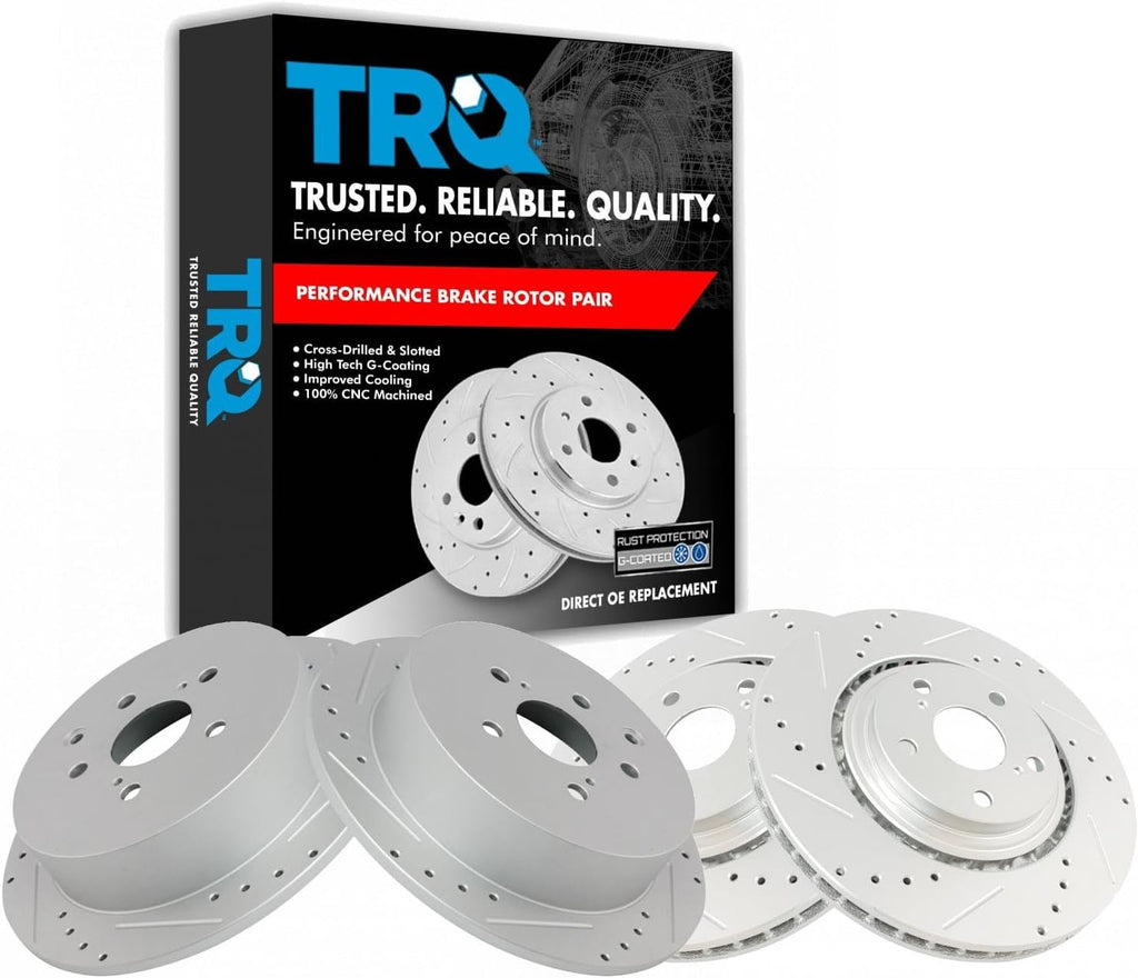 TRQ Performance Front and Rear Brake Rotor Set G Coated Drilled and Slotted Vented Solid Compatible with 2010-2015 Lexus RX350 RX450h 2014-2019 Toyota Highlander 2011-2020 Sienna