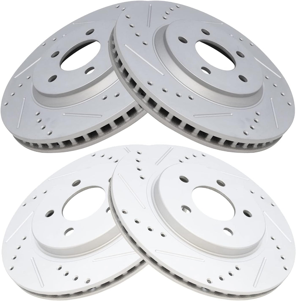 TRQ Performance Front and Rear Brake Rotor Set G Coated Drilled and Slotted Compatible with 2005-2014 Ford Mustang