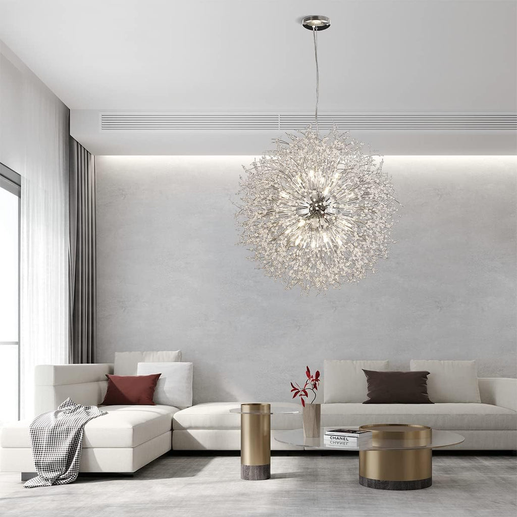 Modern Crystal Chandelier, 24-Light Firework Pendant Crystal Chandelier Chrome, 39.3' Large Dandelion Ceiling Light Fixture for Living Room Foyer Hallway