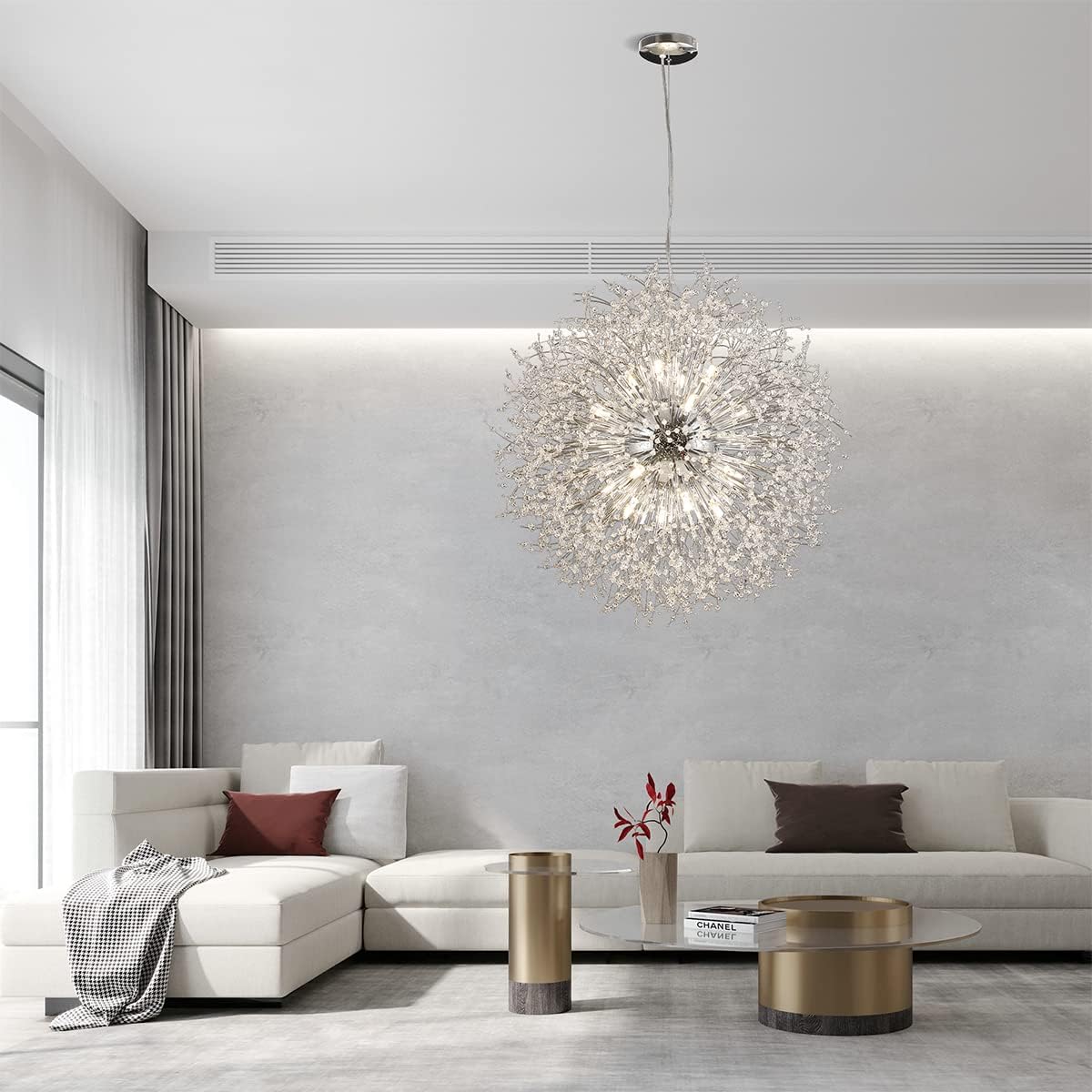 Modern Crystal Chandelier, 24-Light Firework Pendant Crystal Chandelier Chrome, 39.3' Large Dandelion Ceiling Light Fixture for Living Room Foyer Hallway