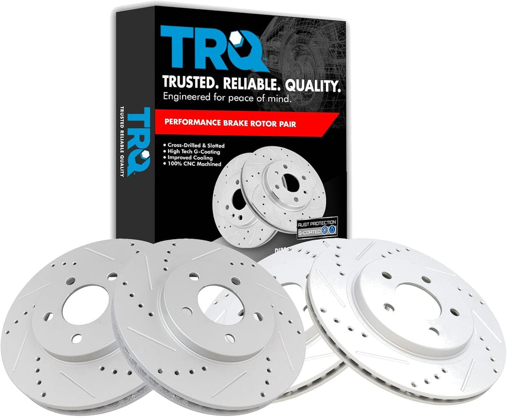 TRQ Performance Front and Rear Brake Rotor Set G Coated Drilled and Slotted Vented Compatible with 2005-2010 Ford Mustang