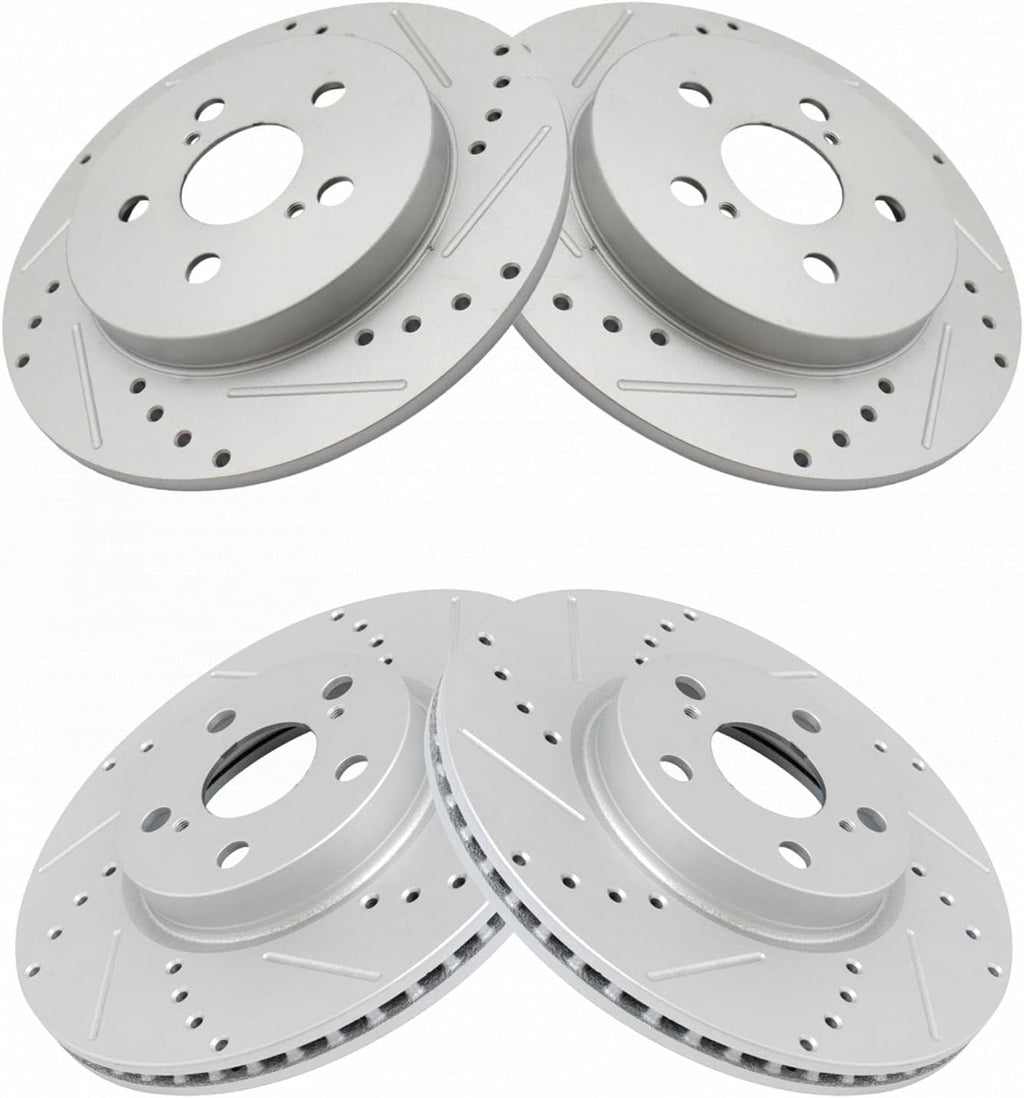 TRQ Performance Front and Rear Brake Rotor Set G Coated Drilled and Slotted Compatible with 2009-2010 Pontiac Vibe 2009-2019 Toyota Corolla 2009-2013 Matrix