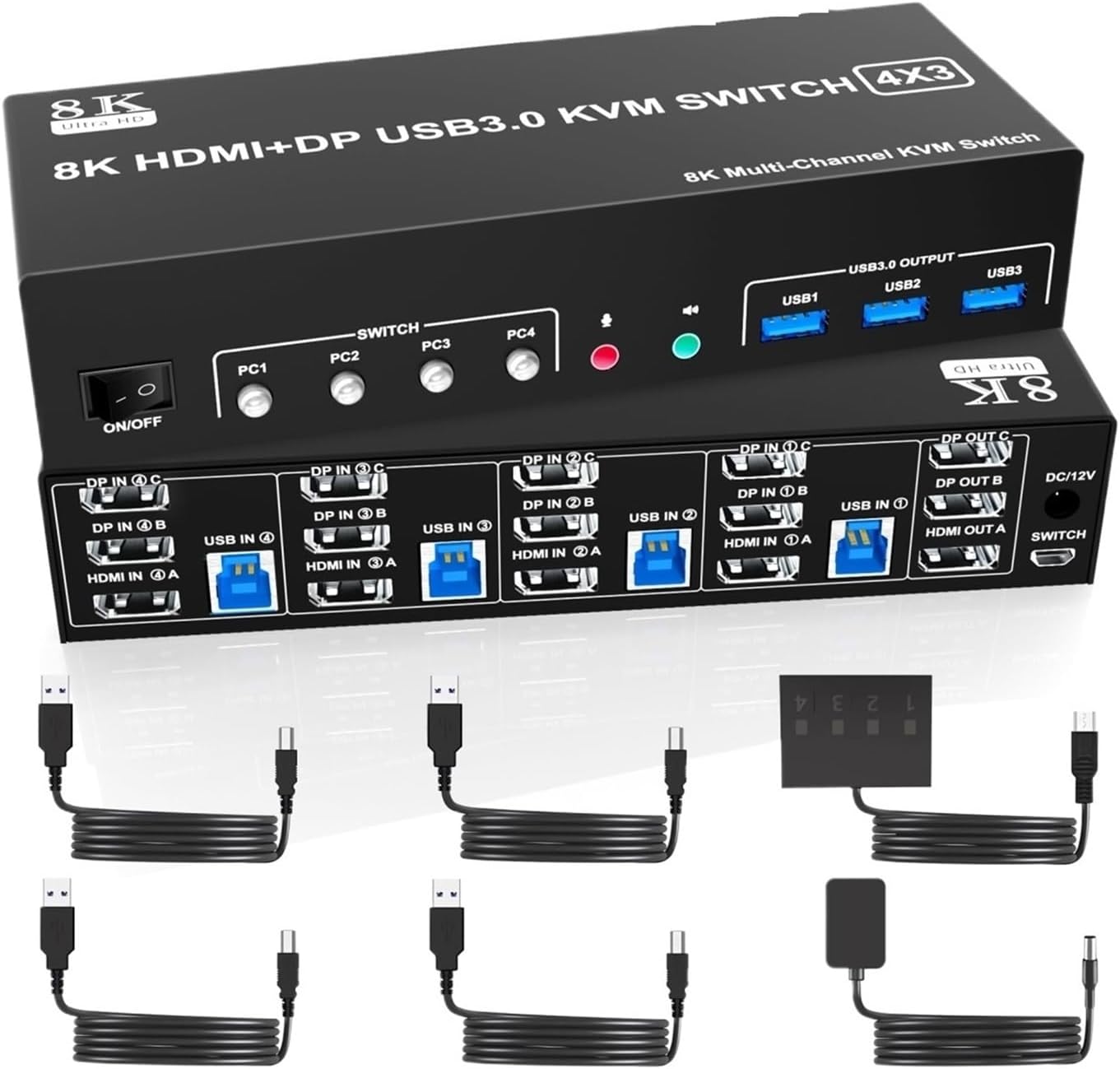 4K KVM Switch 3 Monitors 4 Computers 8K 2 DisplayPort +1 HDMI KVM Switch Triple Monitor for 4PC with Audio Microphone(UK Plug,3DP)