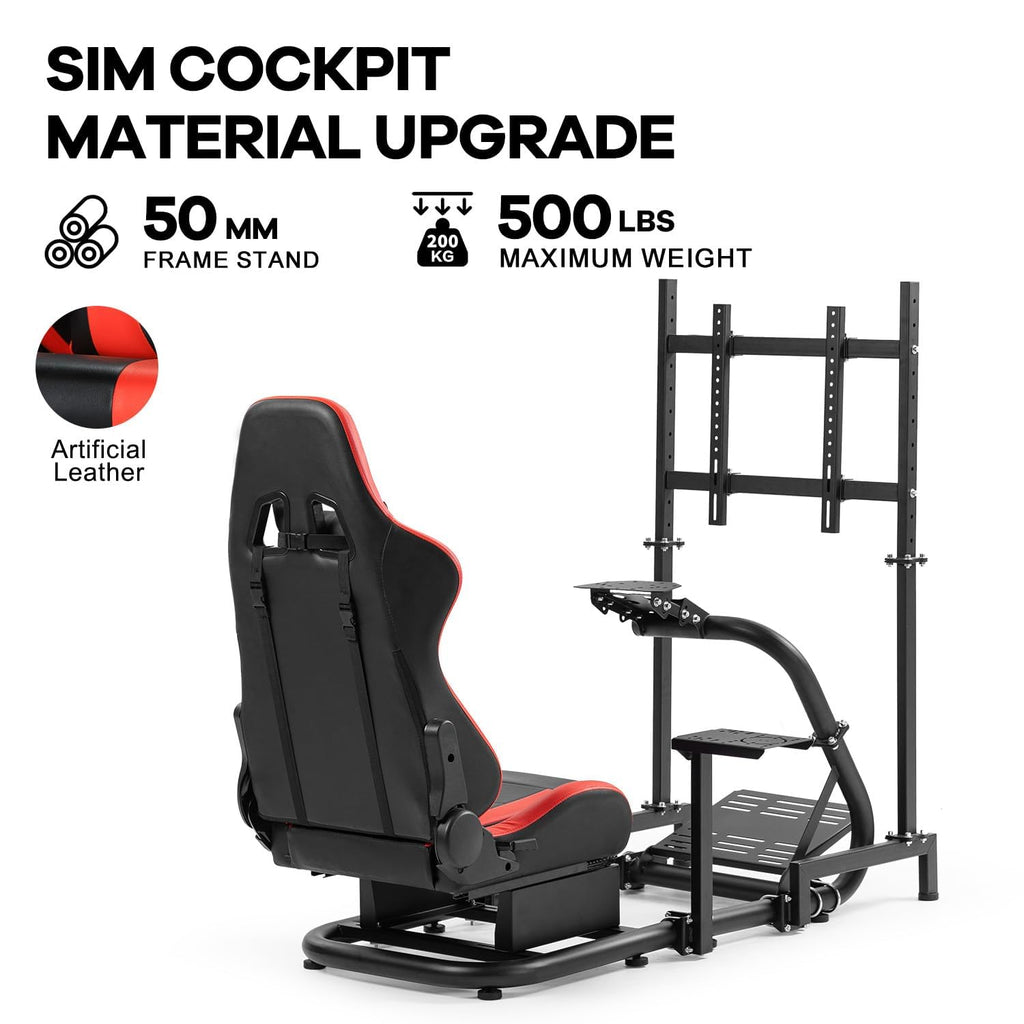 Anman Racing Sim Simulator Cockpit with Red Seat Equipped with Monitor TV Stand Fit for Thrustmaster T300RS, for Fanatec, for Logitech G27 G29 G920 G923, Handbrake Wheel Shifter Pedals NOT Included