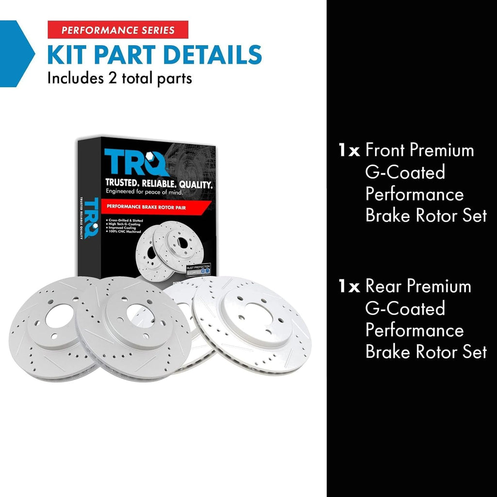 TRQ Performance Front and Rear Brake Rotor Set G Coated Drilled and Slotted Vented Compatible with 2005-2010 Ford Mustang