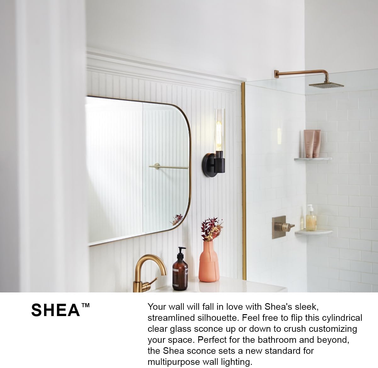 Lark Shea Two-Light Bath Vanity Fixture, Cylindrical Clear Glass Shades, Mount Vertically or Horizontally, Black