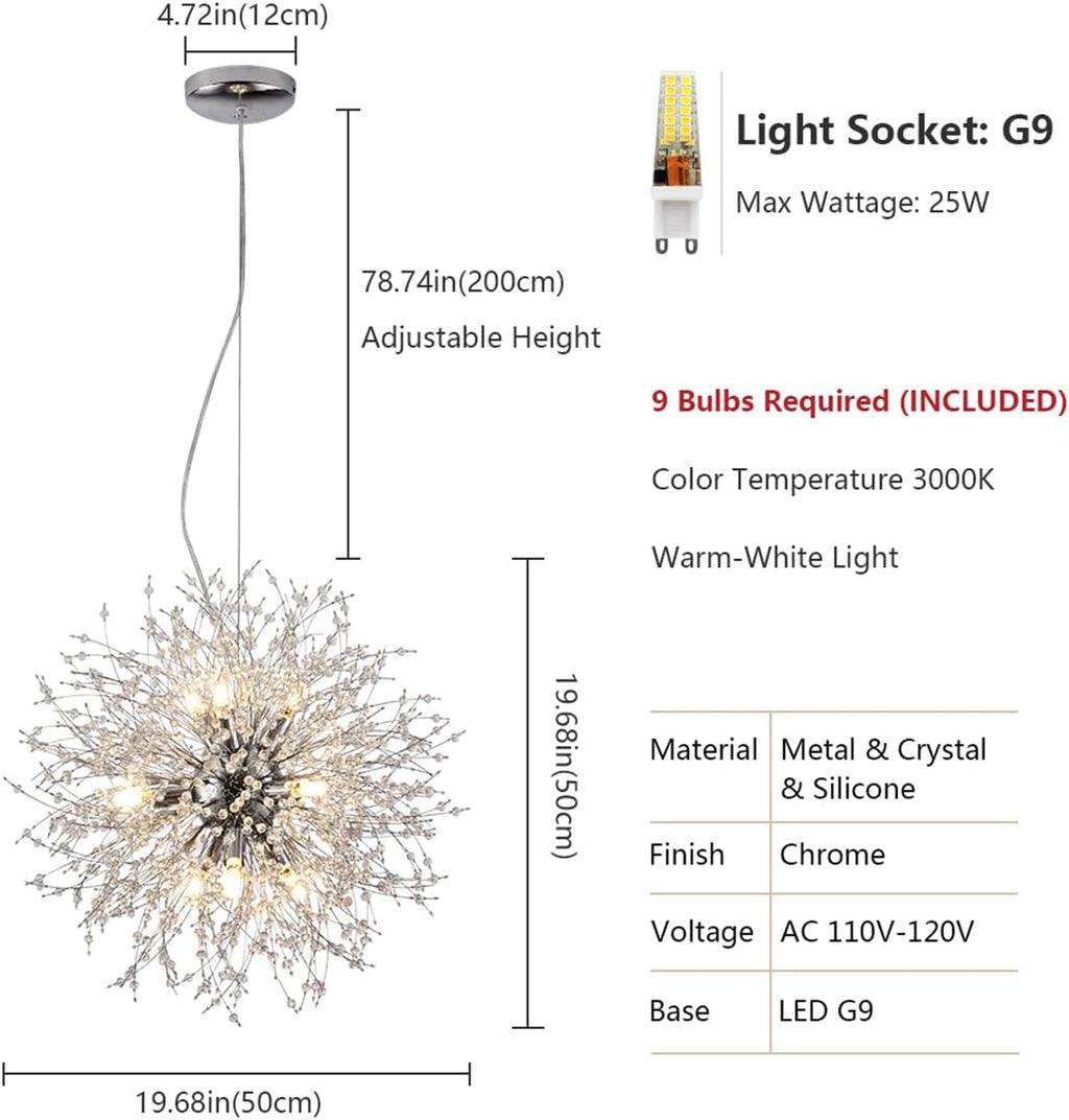 Firework Crystal Chandeliers, 9-Light Stainless Steel Dandelion Chandelier Chrome, 19.6' Modern Sputnik Pendant Lighting for Bedroom Dining Room