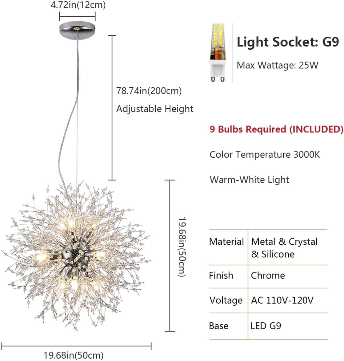Firework Crystal Chandeliers, 9-Light Stainless Steel Dandelion Chandelier Chrome, 19.6' Modern Sputnik Pendant Lighting for Bedroom Dining Room