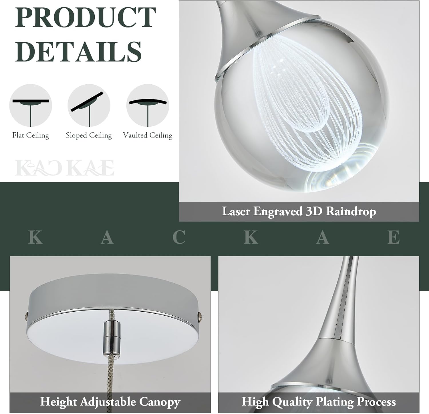 LED Pendant Light Kitchen Island Raindrop Crystal Pendant Lights Dimmable Chrome Modern Hanging Light for Bedroom Bathroom Living Room 6000K Cool White, 3 Pack