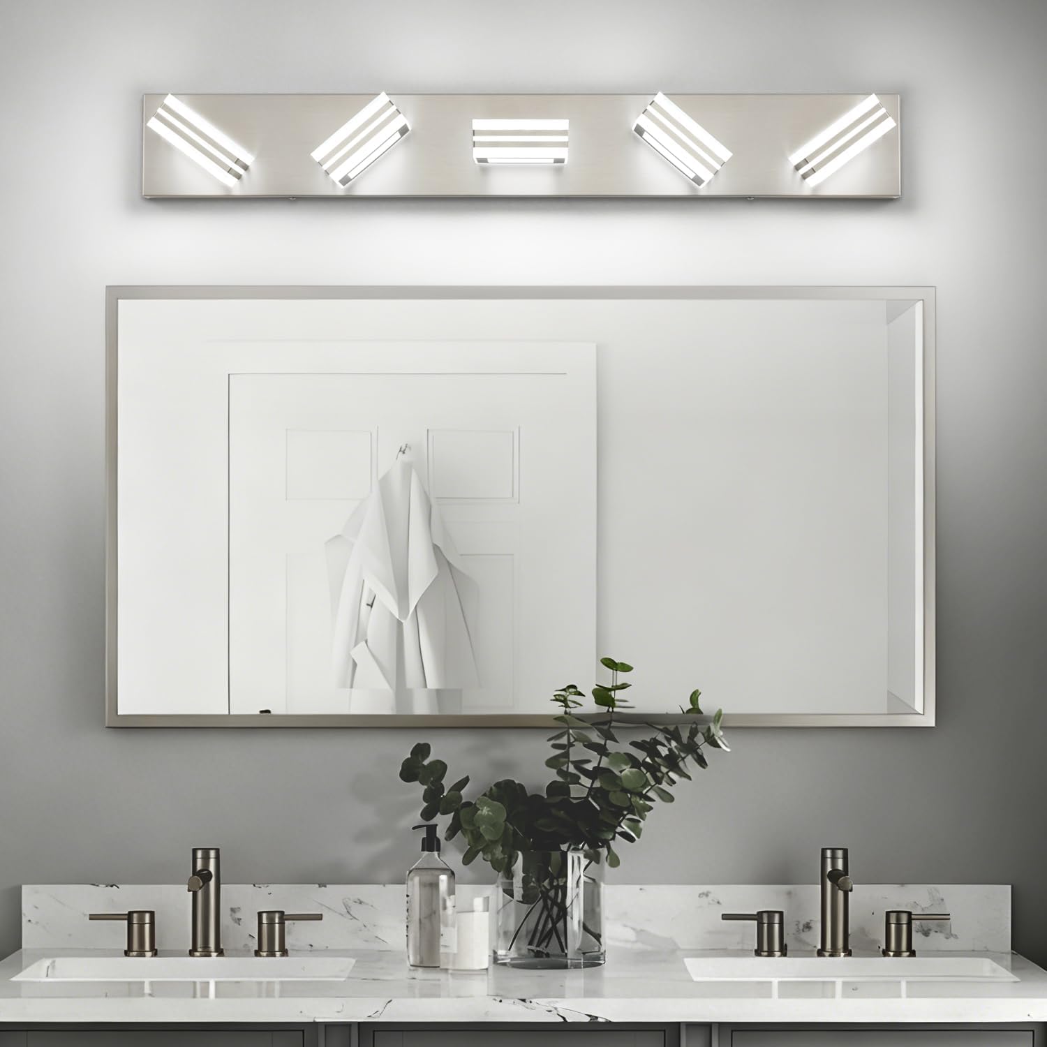 SOLFART LED Bathroom Lighting Fixtures - 5 Lights Modern Brushed Nickel Acrylic Vanity Lights for Mirror 32inch 24W
