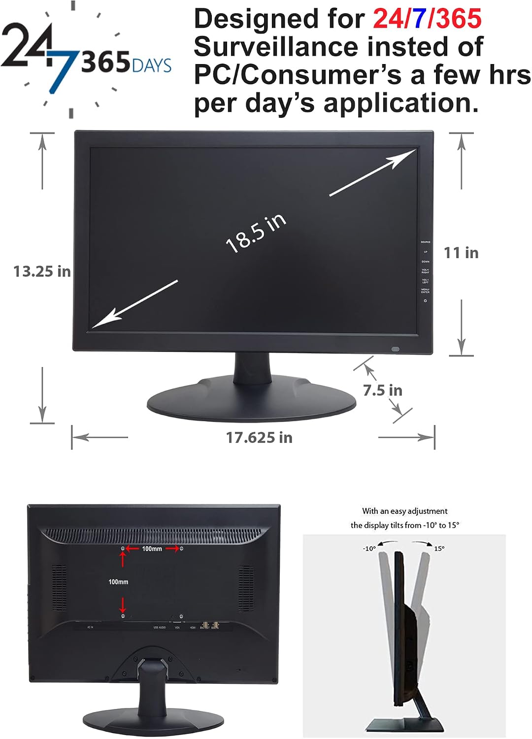 1stPV Precision 18.5' Scaled 4K Security LED Monitor, Super Sampling Anti-Aliasing (SSAA) for Ultra-Smooth, Pixel-Perfect Detail, HDMI Scaled 4K/8MP, BNC In/Out, VGA, Ideal for DVR 24/7 Surveillance