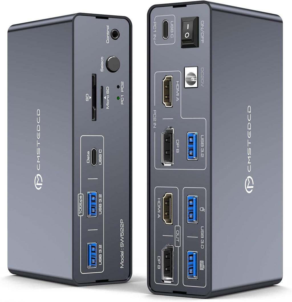 KVM Switch 2 Monitors 2 Computers Docking Station USB C + HDMI/DP Input with 100W PD, 4K60Hz/4K120Hz Displayport HDMI Dual Monitor for Laptop and Desktop Share 13-in-1 Dock Aluminum Case Plug and Play