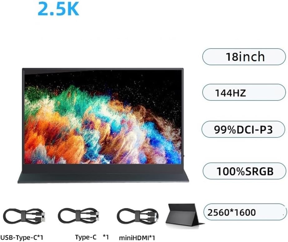 Portable Monitor for Laptop 2560 X 1600 HD Resolution 300nit 144hz 18-inch IPS Extended Screen Office Entertainment External Portable Gaming Monitor