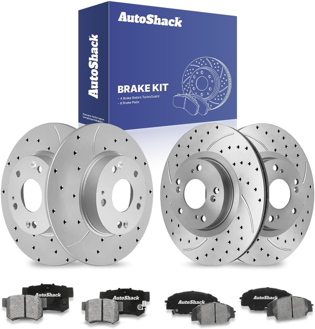 AutoShack Front & Rear Brake Rotors & Ceramic Pads for Honda & Acura, Civic 2006-2011 CSX 2007-2010, FWD L4 2.0L - Coated Drilled & Slotted - Silver Matte Finish - TurboGuard