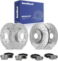 AutoShack Front & Rear Brake Rotors & Ceramic Pads for Honda & Acura, Civic 2006-2011 CSX 2007-2010, FWD L4 2.0L - Coated Drilled & Slotted - Silver Matte Finish - TurboGuard