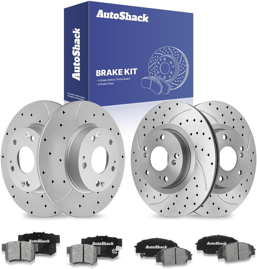 AutoShack Front & Rear Brake Rotors & Ceramic Pads for Honda & Acura, Civic 2006-2011 CSX 2007-2010, FWD L4 2.0L - Coated Drilled & Slotted - Silver Matte Finish - TurboGuard