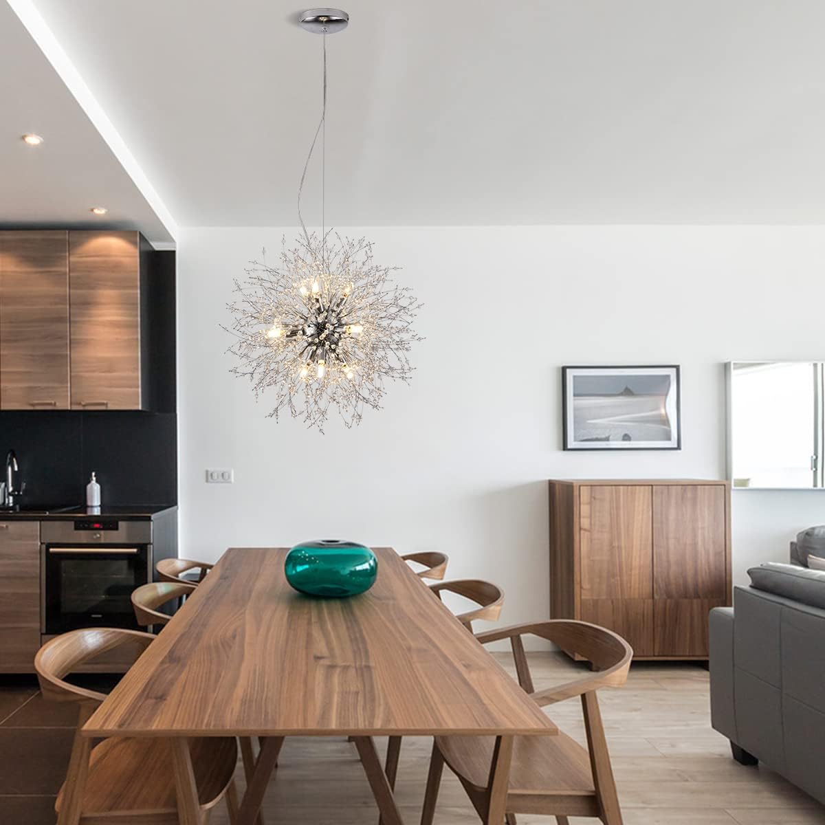 Firework Crystal Chandeliers, 9-Light Stainless Steel Dandelion Chandelier Chrome, 19.6' Modern Sputnik Pendant Lighting for Bedroom Dining Room