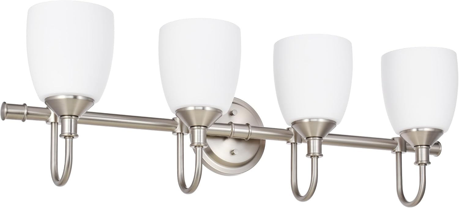 4-Light Bathroom Vanity Light Fixtures Over Mirror, Vintage Vanity Lights for Living Room, Milk White Glass Shades, Standard E26 Base, Brushed Nickel