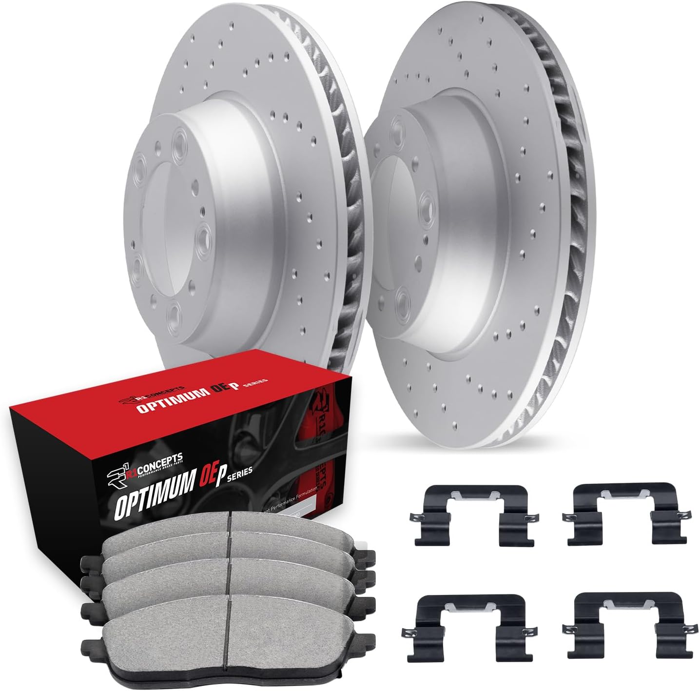 R1 Concepts Front Brake Kit Fits 2006-2011 Honda Civic Coupe Si; 2007-2011 Honda Civic Sedan Si| Optimum Oep Pads, Drilled Rotors| Hardware| 11.8' Front