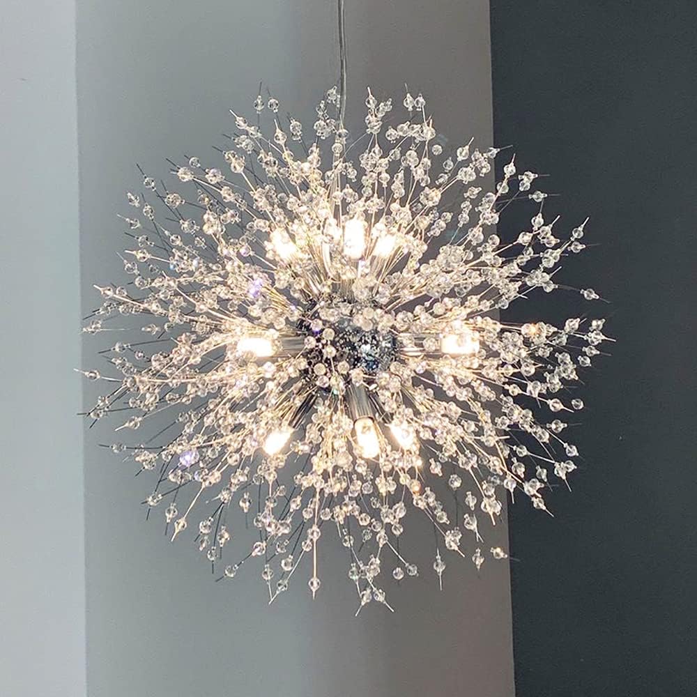 Yiisem Modern Crystal Chandeliers, 12-Light Chrome Dandelion Firework Pendant Lighting, Chandelier Light Fixtures for Dining Room Bedroom Living Room Kitchen Aisle Hallway Entryway