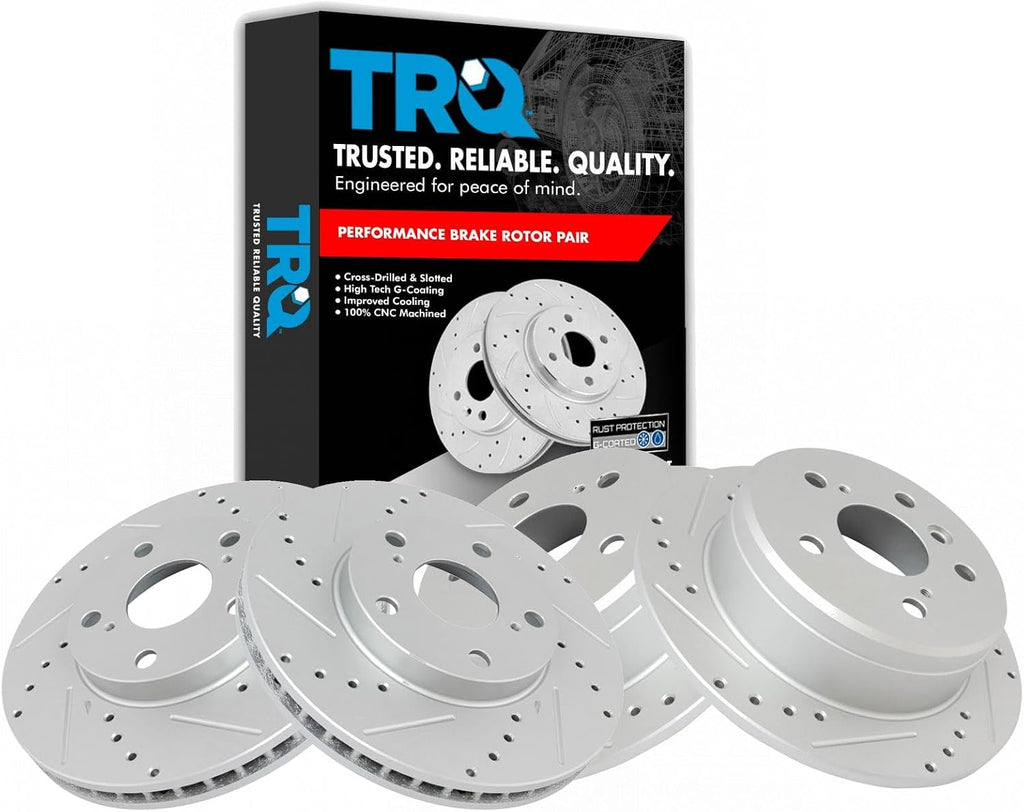 TRQ Performance Front and Rear Brake Rotor Set G Coated Drilled and Slotted Compatible with 1997-2001 Lexus ES300 1992-2001 Toyota Camry 1999-2003 Toyota Solara
