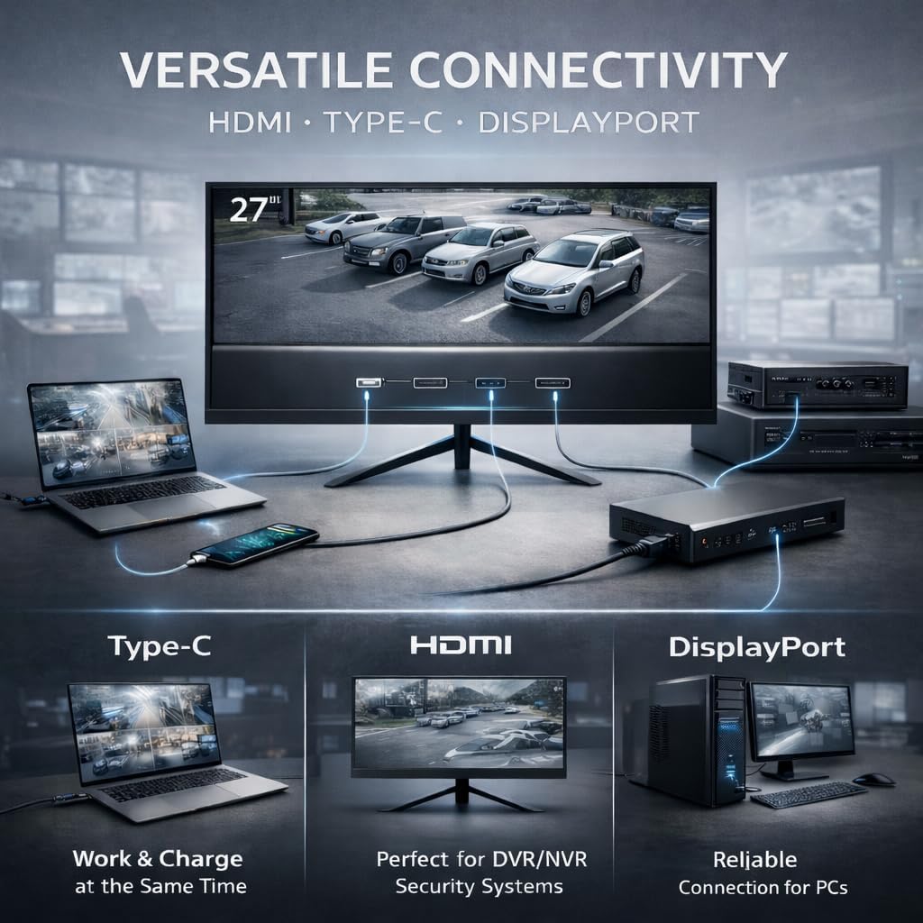 SVD 27' 4K UHD Security Monitor IPS HDR, HDMI 2.1+DP 1.4+Type-C 65W, Adaptive Sync, 3D Comb Filter, 60Hz 5ms 178°, Built-in Speakers, for CCTV DVR NVR
