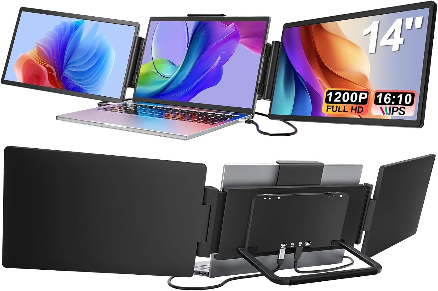 Laptop Screen Extender Monitor Portable, 14' 1200P Triple Screen Laptop Monitor Extender, 16:10 FHD IPS Laptop Monitor Extender Type-C/HDMI Plug & Play Laptop Extension for Mac/Wins/Android/Chrome