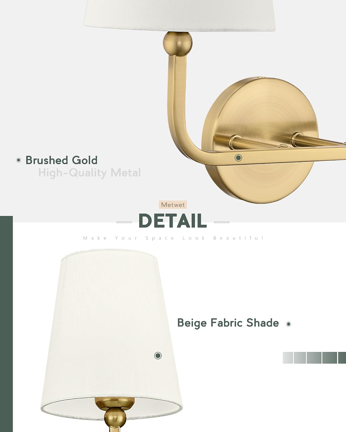 5-Light Bathroom Light Fixtures, Brushed Gold Vanity Lights with Flared Beige Fabric Shade, 35 Inch Wall Sconce, Vintage Sconces Wall Lighting for Hallway Bedroom, VL837-BG-B-5