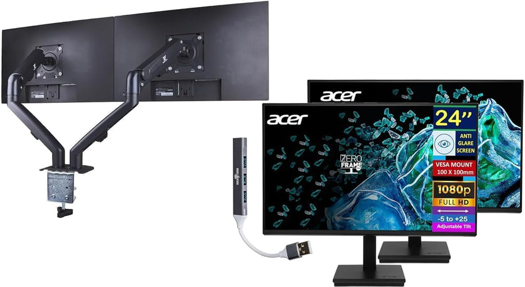 Acer Vero V7 V247 Gbmipx 24' FHD IPS Monitor with 4ms Response Time, Anti-Glare, VESA Mount (100 x 100mm), VGA, HDMI & Black Color (UM.QV7AA.G05) 2 Pack with DKZ Hub & ErgoFlexy Dual Monitor Mount