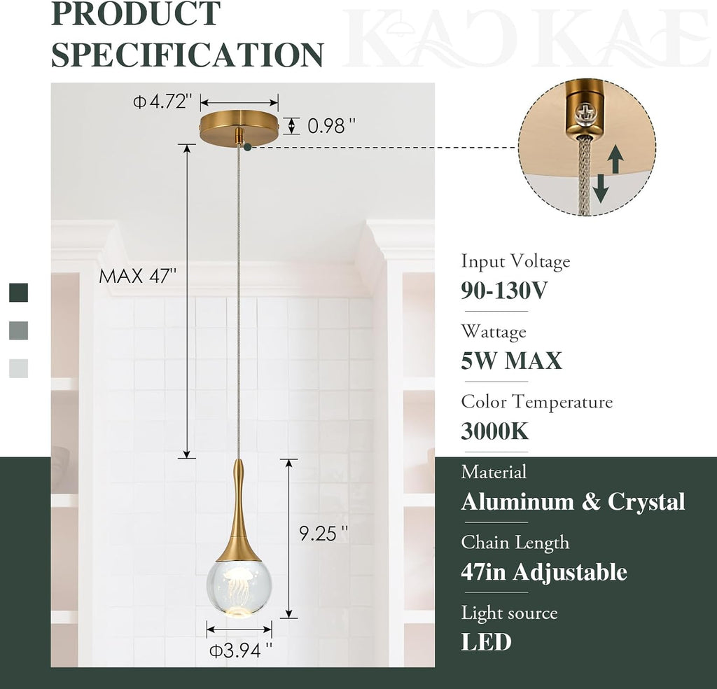 LED Pendant Light Kitchen Island Jellyfish Crystal Pendant Lights Dimmable Gold Modern Hanging Light for Bedroom Bathroom Living Room 3000K Warm White, 3 Pack