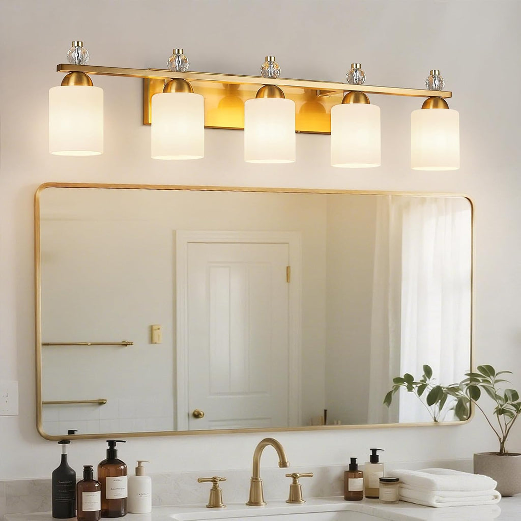 White Glass Bathroom Vanity Light 5 Light Mid Century Gold Bathroom Lighting Fixtures Over Mirror Modern Vanity Lighting Wall Mount for Bathroom Mirror Hallway(Bulbs Not Included)