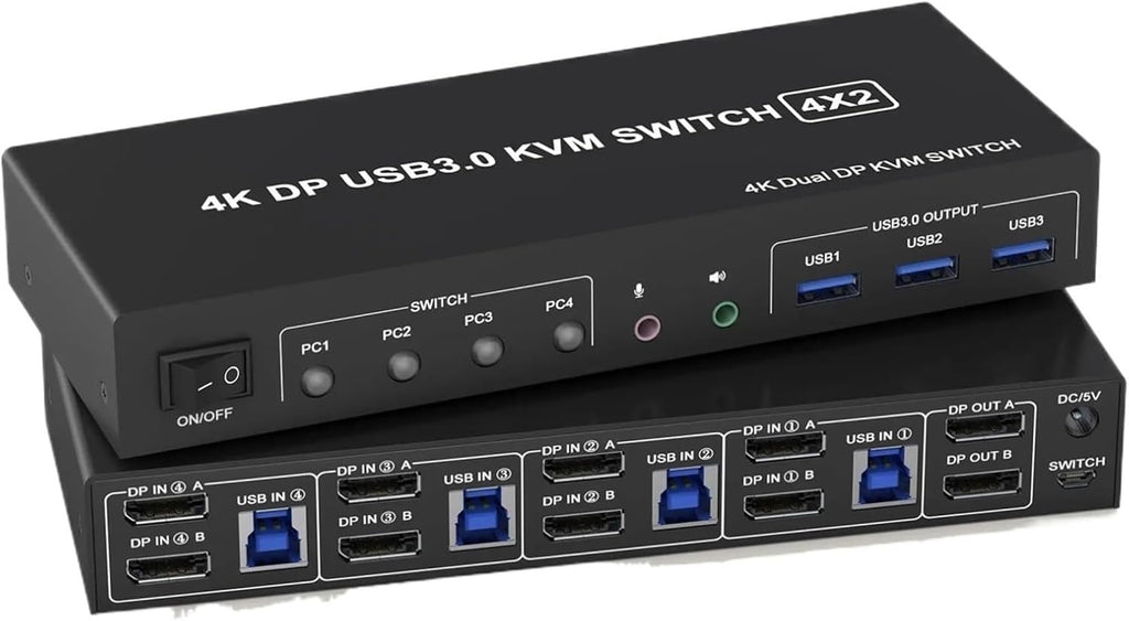 USB 3.0 KVM Switch Displayport 2 Monitors 4 Computers,4K Dual Monitor KVM Switch with Audio Microphone Output and 3 USB 3.0 Port(EU Power Adapter)