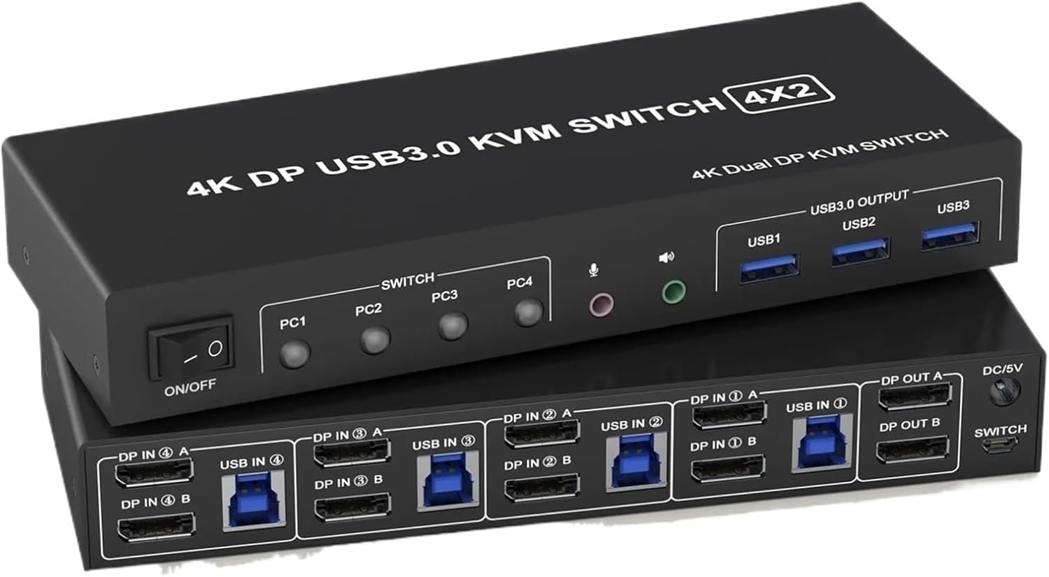 USB 3.0 KVM Switch Displayport 2 Monitors 4 Computers,4K Dual Monitor KVM Switch with Audio Microphone Output and 3 USB 3.0 Port(US Power Adapter)