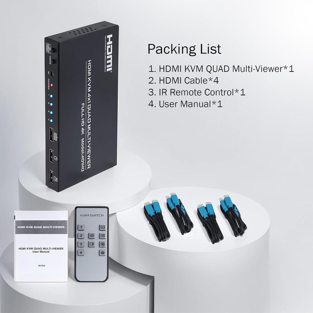 4 Port HDMl KVM Multiviewer 4K@30Hz, 4x1 Quad Multi Viewer Seamless Switcher 4 in 1 Out Support 4K 1080P 720P, 6 Viewing Modes with Keyboard Hotkey Switch and IR Remote
