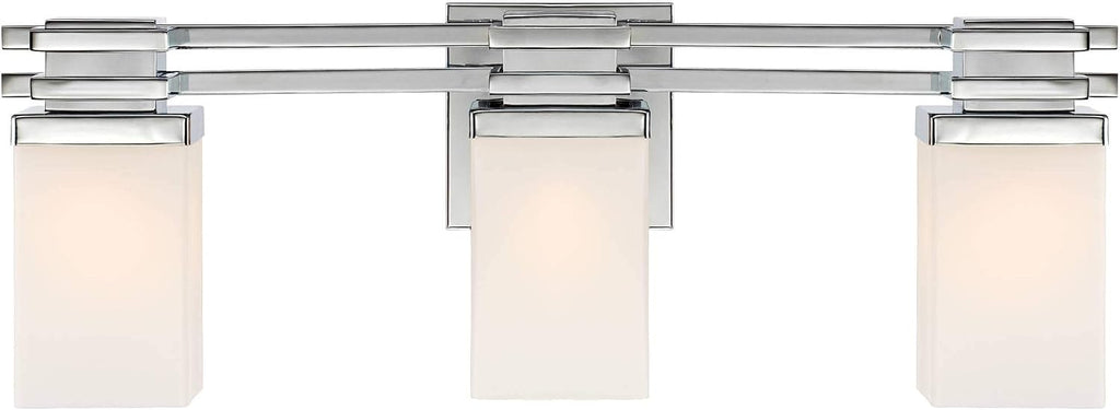Possini Euro Design Bennett Modern Wall Light Chrome Silver Hardwired 22' Wide 3-Light Fixture Mounted Etched White Opal Glass Rectangular Shade Bathroom Vanity Mirror House Home Hallway Room Decor