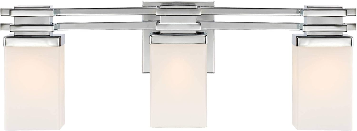 Possini Euro Design Bennett Modern Wall Light Chrome Silver Hardwired 22' Wide 3-Light Fixture Mounted Etched White Opal Glass Rectangular Shade Bathroom Vanity Mirror House Home Hallway Room Decor