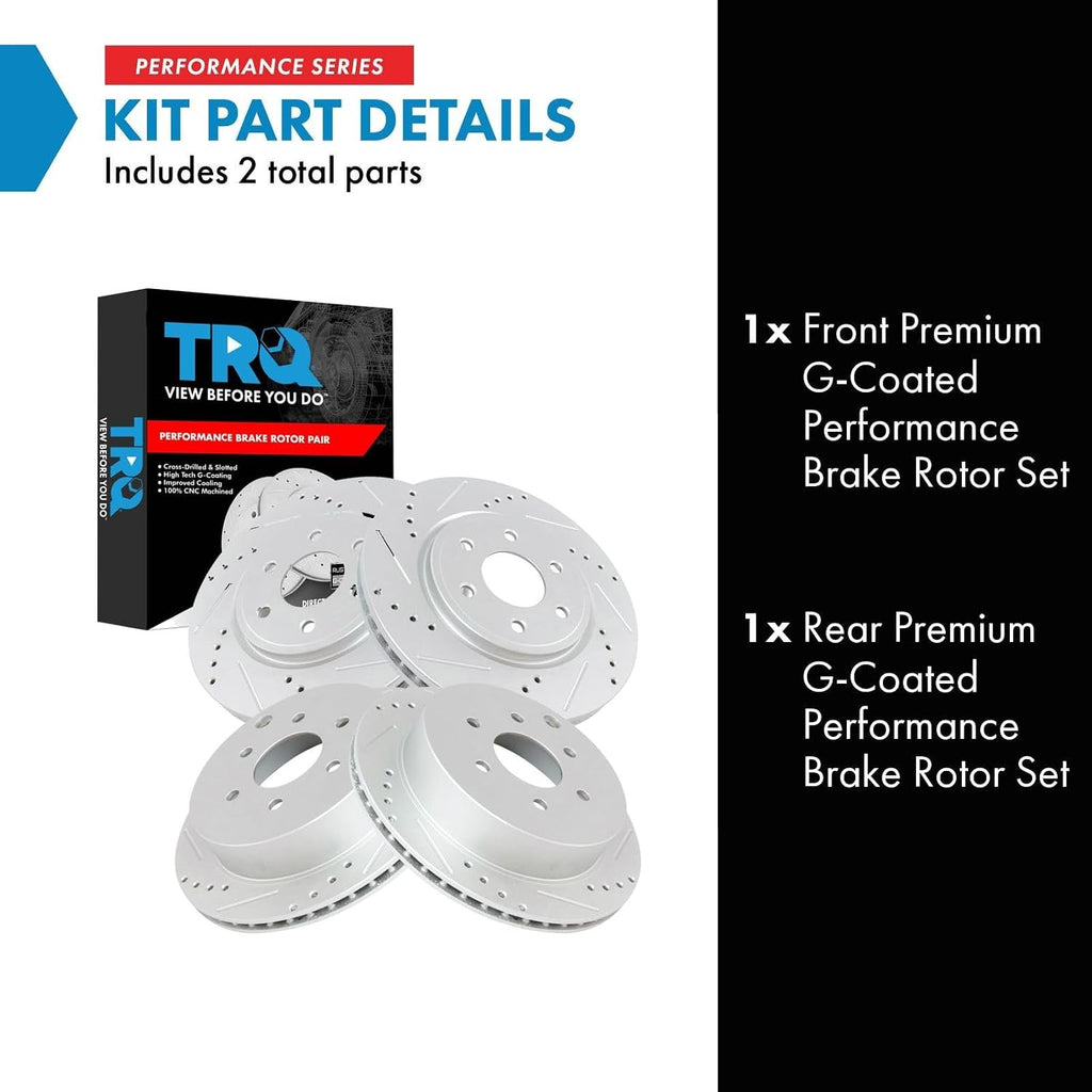 TRQ Performance Front and Rear Brake Rotor Set G Coated Drilled and Slotted Vented Compatible with 2005-2024 Nissan Frontier 2005-2015 Xterra 2009-2012 Suzuki Equator