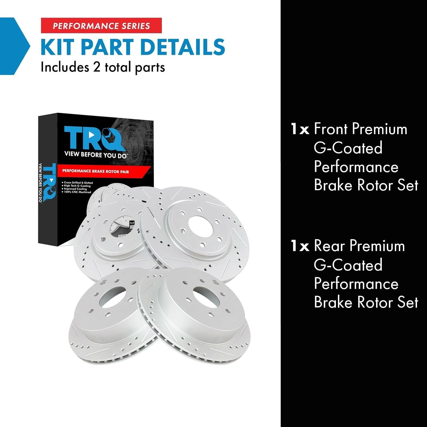 TRQ Performance Front and Rear Brake Rotor Set G Coated Drilled and Slotted Vented Compatible with 2005-2024 Nissan Frontier 2005-2015 Xterra 2009-2012 Suzuki Equator