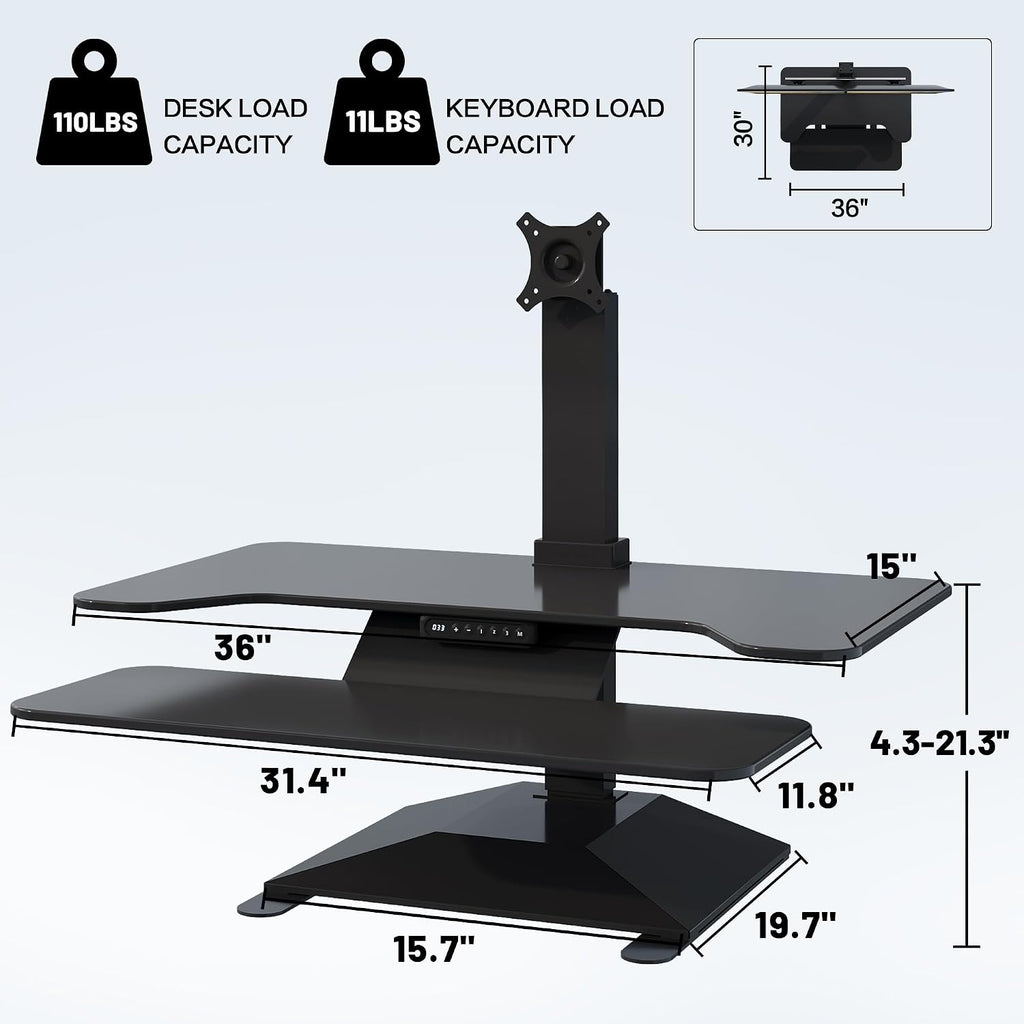 Electric Standing Desk Converter 36' Wide, Height Adjustable Desk Riser, Computer Workstation, Sit-Stand Convertor for Home, Office, School (Black, 1 Arm Included)
