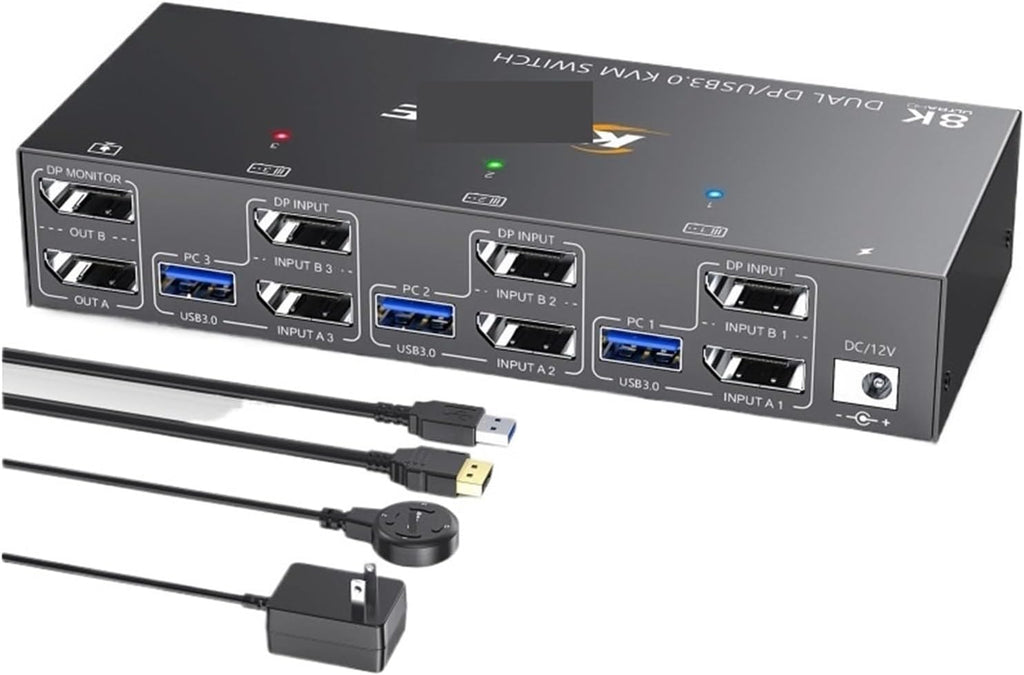 8K Displayport HDMI USB 3.0 KVM Switch 2/3 Monitors 3/4 Computers, 8K@60Hz,4K@144Hz Dual/Triple Monitor KVM with 4 USB 3.0 Ports(AU Plug,4 in 2 Out Dual DP)