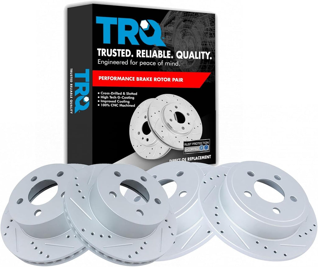 TRQ Performance Front and Rear Brake Rotor Set G Coated Drilled and Slotted Compatible with 2003-2006 Jeep Wrangler