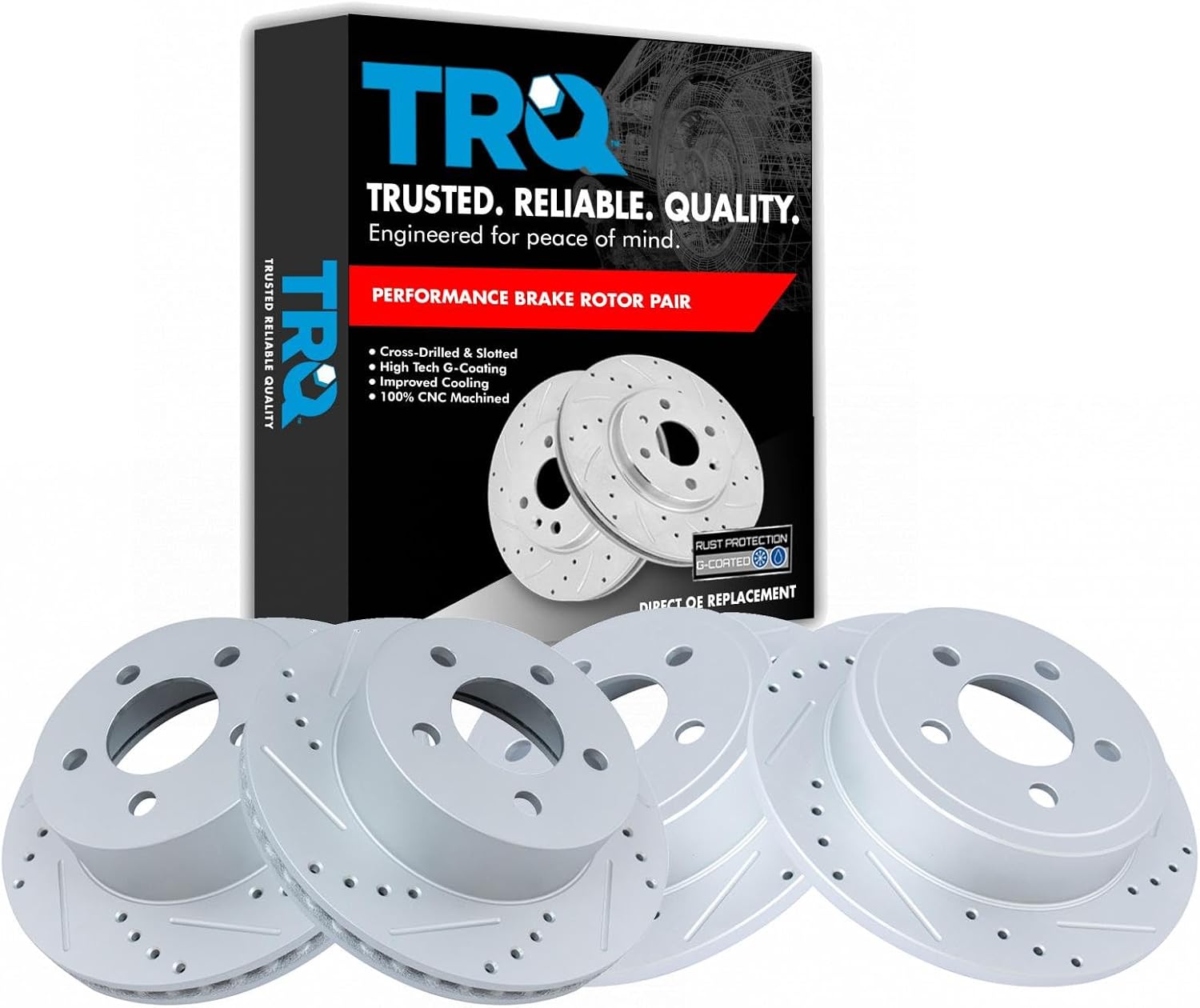 TRQ Performance Front and Rear Brake Rotor Set G Coated Drilled and Slotted Compatible with 2003-2006 Jeep Wrangler