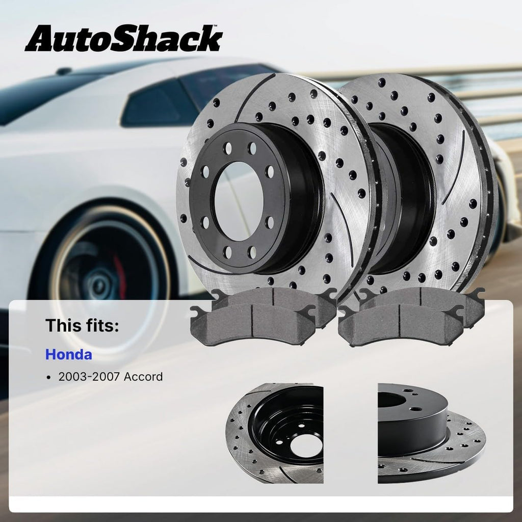 AutoShack Front & Rear Brake Rotors & Ceramic Pads for Honda, Accord 2003-2007, FWD L4 2.4L V6 3.0L - E-Coated Drilled & Slotted - ShadowGuard