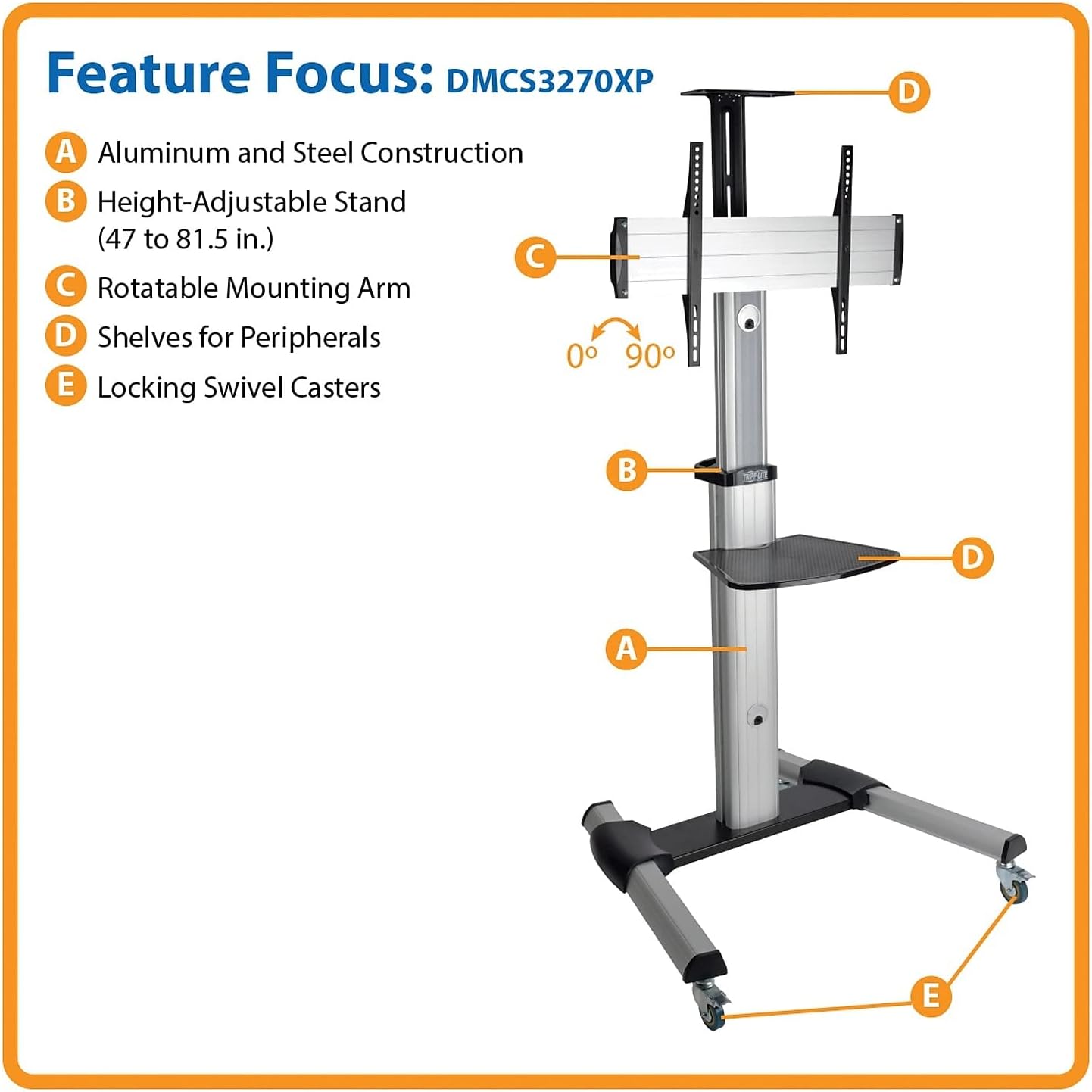 Tripp Lite Mobile TV Monitor Flat-Panel Floor Stand Cart Height-Adjustable LCD 32-70' Display (DMCS3270XP), Black