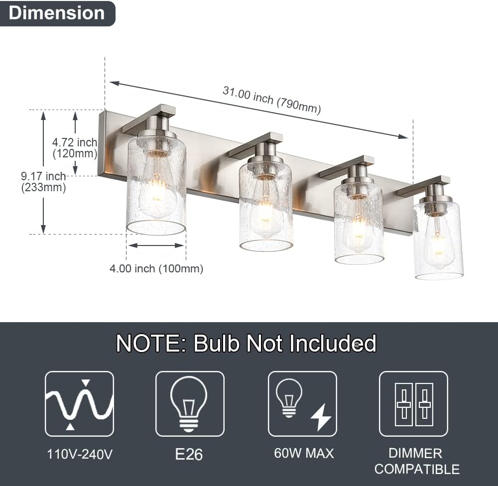Modern Glass Bathroom Wall Light Fixtures in Brushed Nickel, Vanity Wall Mount Lighting with Seeded Glass Lampshades
