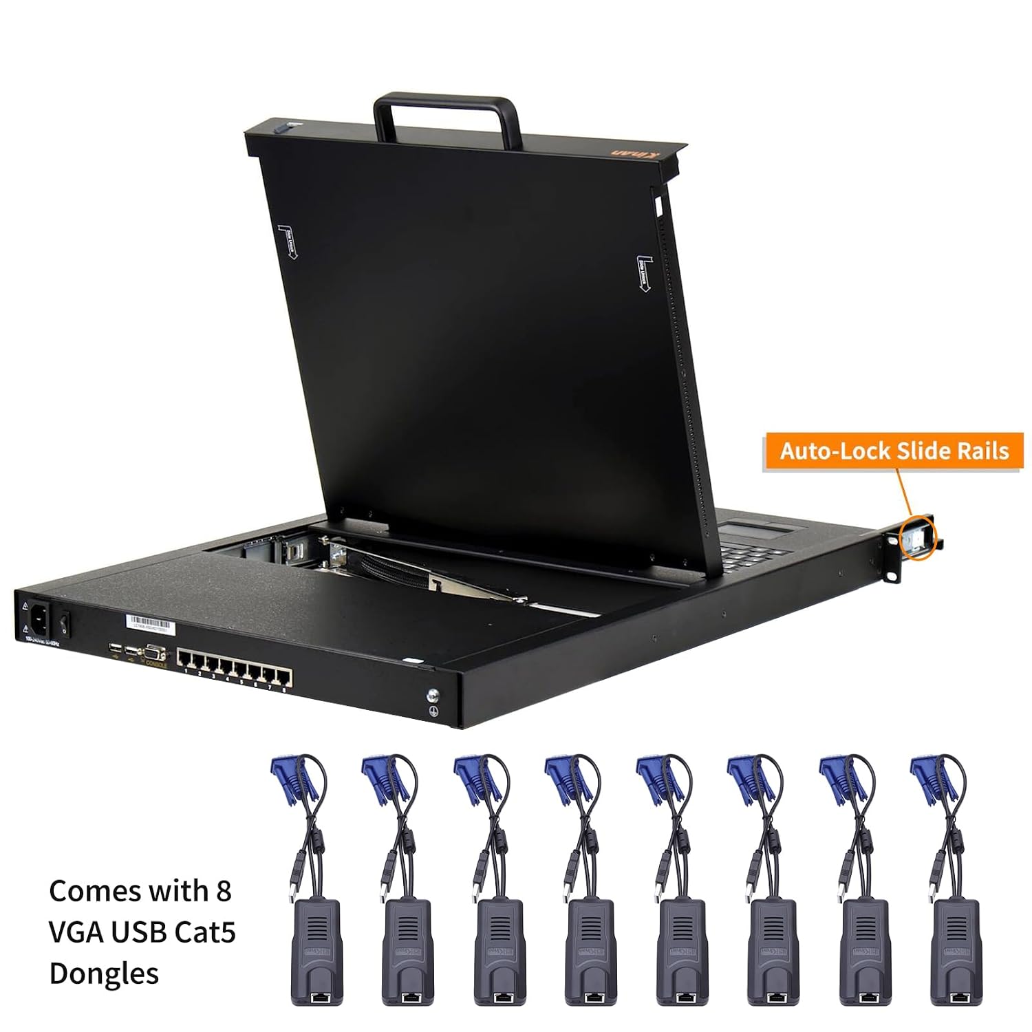 1U Rack Mount KVM Console w/8 Port Cat5 KVM Switch +8 VGA to RJ45 Dongles, 19' Rackmount Monitor and Keyboard, OSD/Hotkey/Button Switching,1280×1024@60Hz,Support Windows, Linux, Mac and Sun